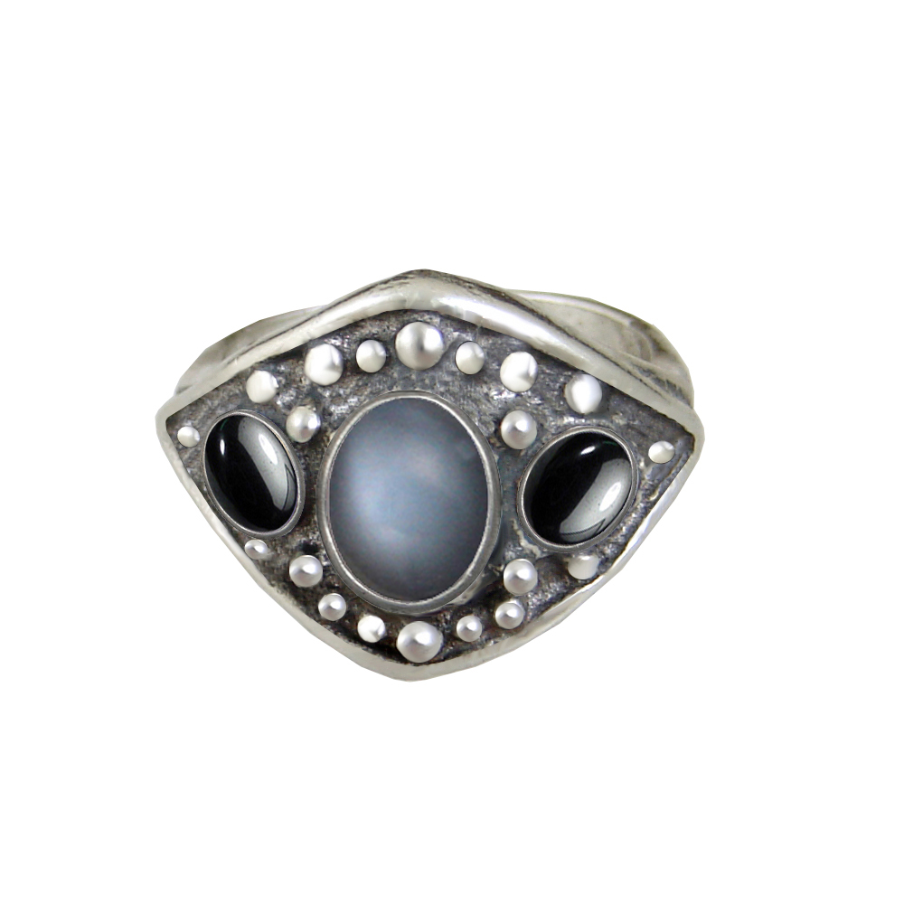 Sterling Silver Medieval Lady's Ring with Grey Moonstone And Hematite Size 9